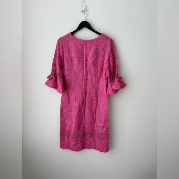 Vintage Pink woven Linen Blend Dress Lace Trim Bell Sleeve Cottagecore 70s 80s - Picture 6 of 12